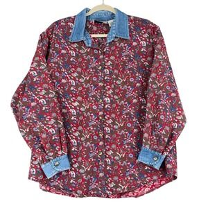 Rhythm Blue Floral Print Denim Collar Vintage Button Up Shirt Women's Size L